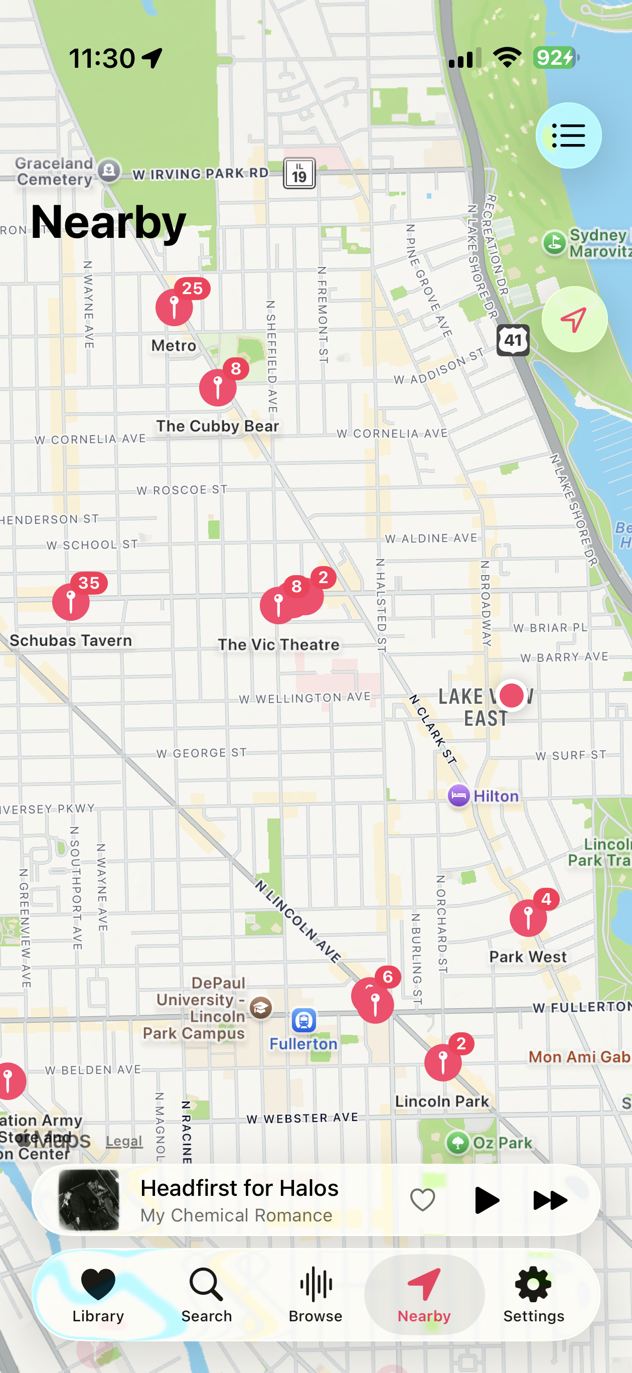 Nearby tab — map of venues with recorded shows around you